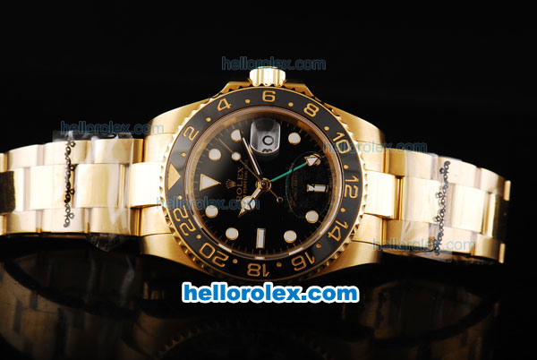 Rolex GMT-Master Oyster Perpetual Swiss ETA 2836 Automatic Movement Full Gold with Black Bezel and Black Dial - White Markers - Click Image to Close